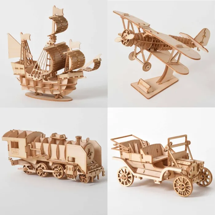 Navire de voile - biplane - vapeur locomotive - voiture - puzzle en bois 3D - kit de montage - découpe laser